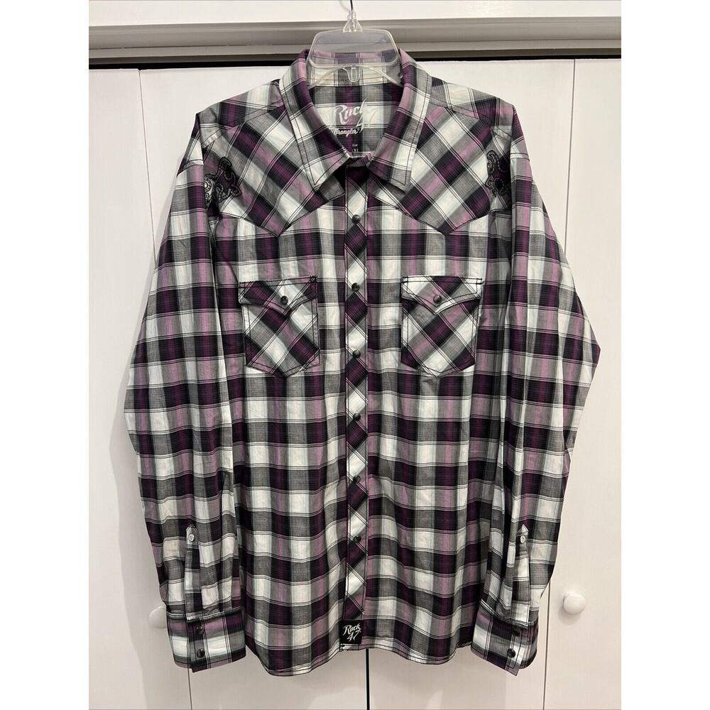 Wrangler Rock‎ 47 Western Shirt w/Pearl Snaps Men Sz XXL Back Design, Pink/White